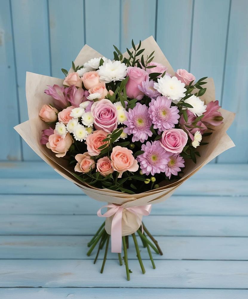 Букет цветов из: Хризантемы, Розы и Альстромерии в Владимиро-Александровском