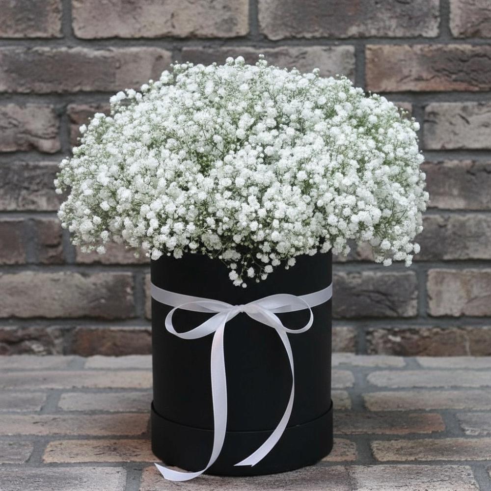 Цветочная композиция из Гипсофила в шляпной коробке в Владимиро-Александровском