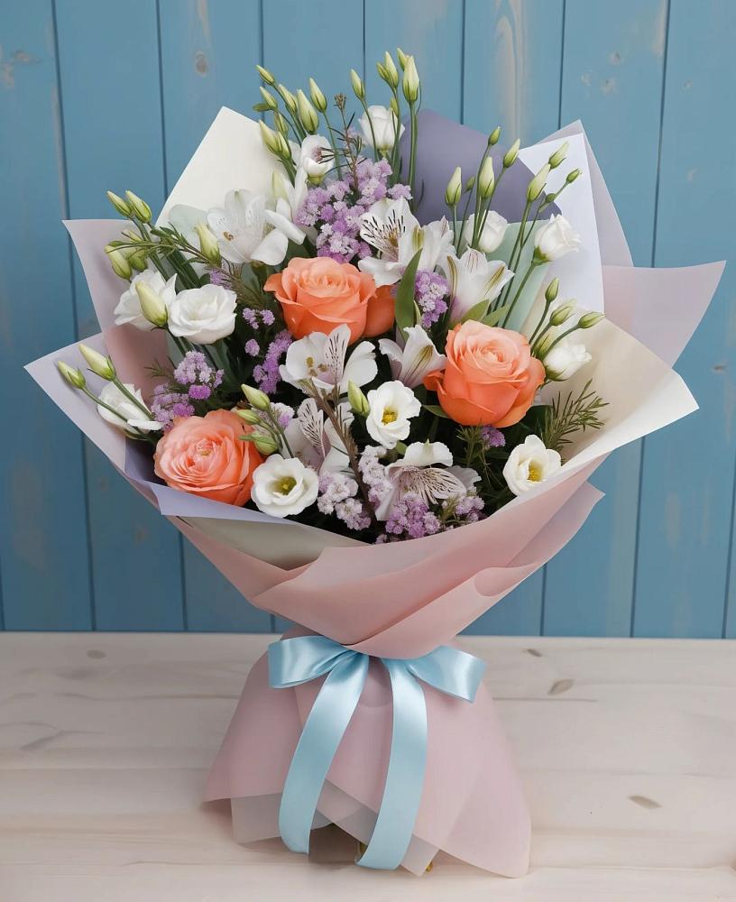 Букет цветов из: Лизиантусы, Розы, Альстромерии и Гипсофила в Владимиро-Александровском
